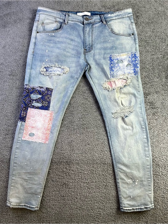Kdnk Other - KDNK Designer Jeans Mens 38x32 Blue Skinny Tapered Patches Splatter 1141411